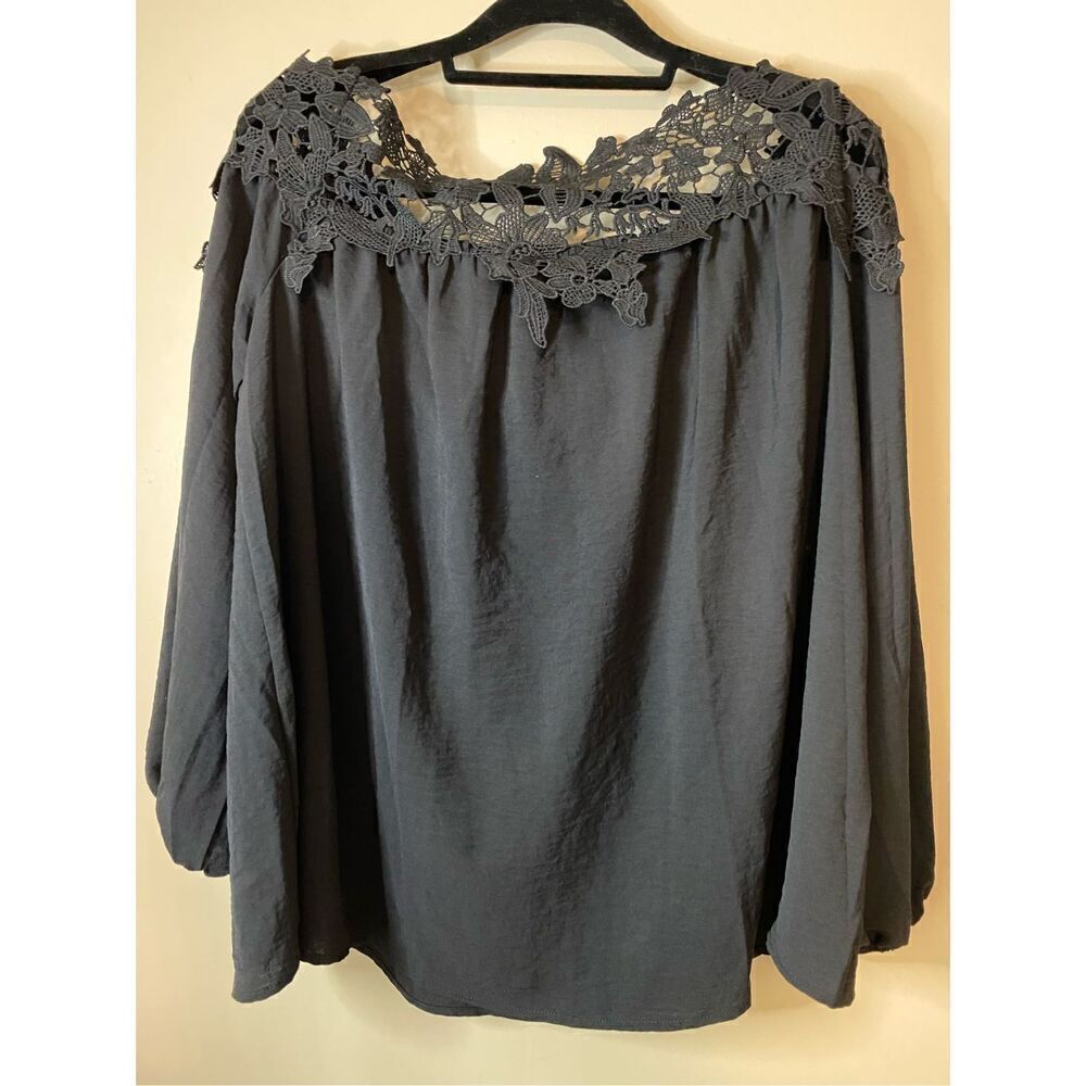 Size 2X, black/off shoulder blouse with lace detail & elastic smocking in back.